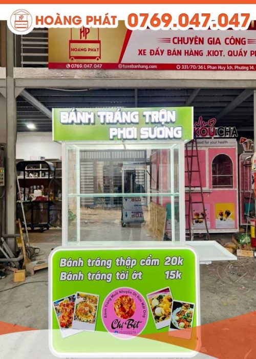 Xe bán bánh tráng trộn phơi sương đơn giản 1m x 60 x 2m XBH597